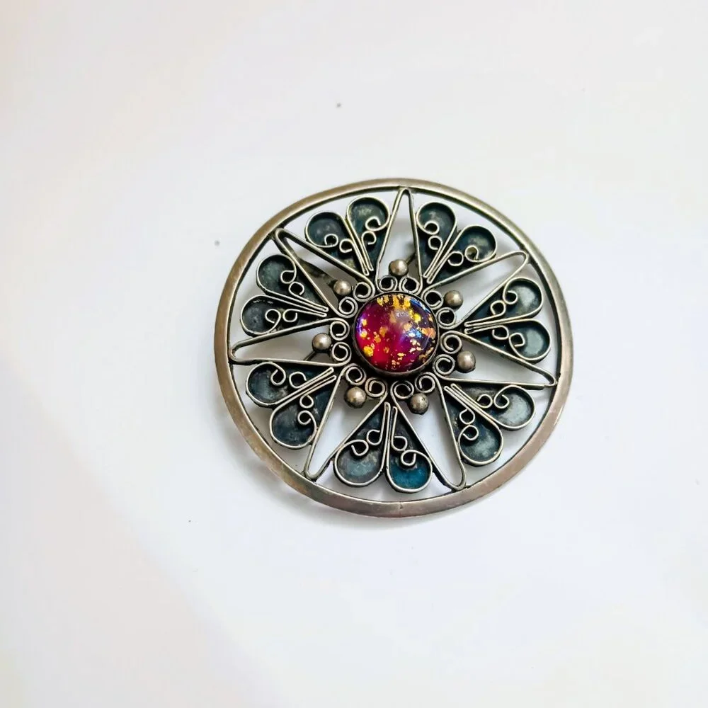 RN Vtg 925 Round Filigree Brooch Hecho En Mexico Amber Color Center Pendant